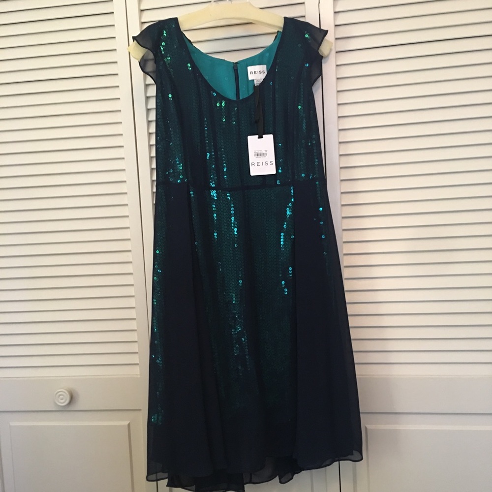 NWT- REISS Turqouise Sequin Dress w/ Sheer Overlay